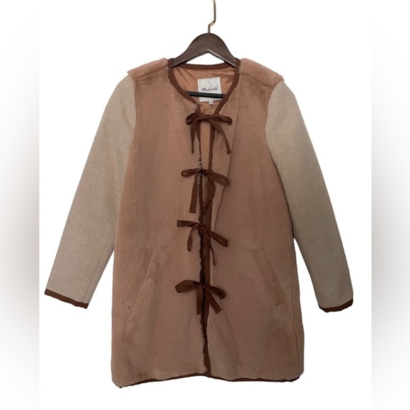 Madewell Colorblock Faux “Mink” Jacket coat tie front fall winter XS brown tan - Picture 9 of 11